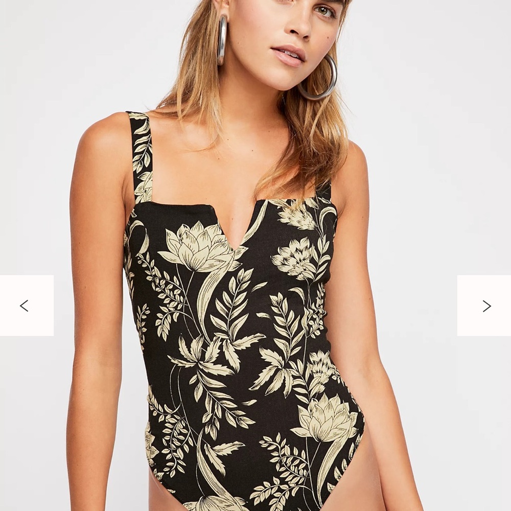 Free People Floral Notch One-Piece Bodysuit - Black & Cream